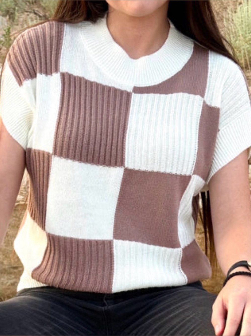 NEW MICHELLE MAE checkered short sleeve sweater in Brown sz L